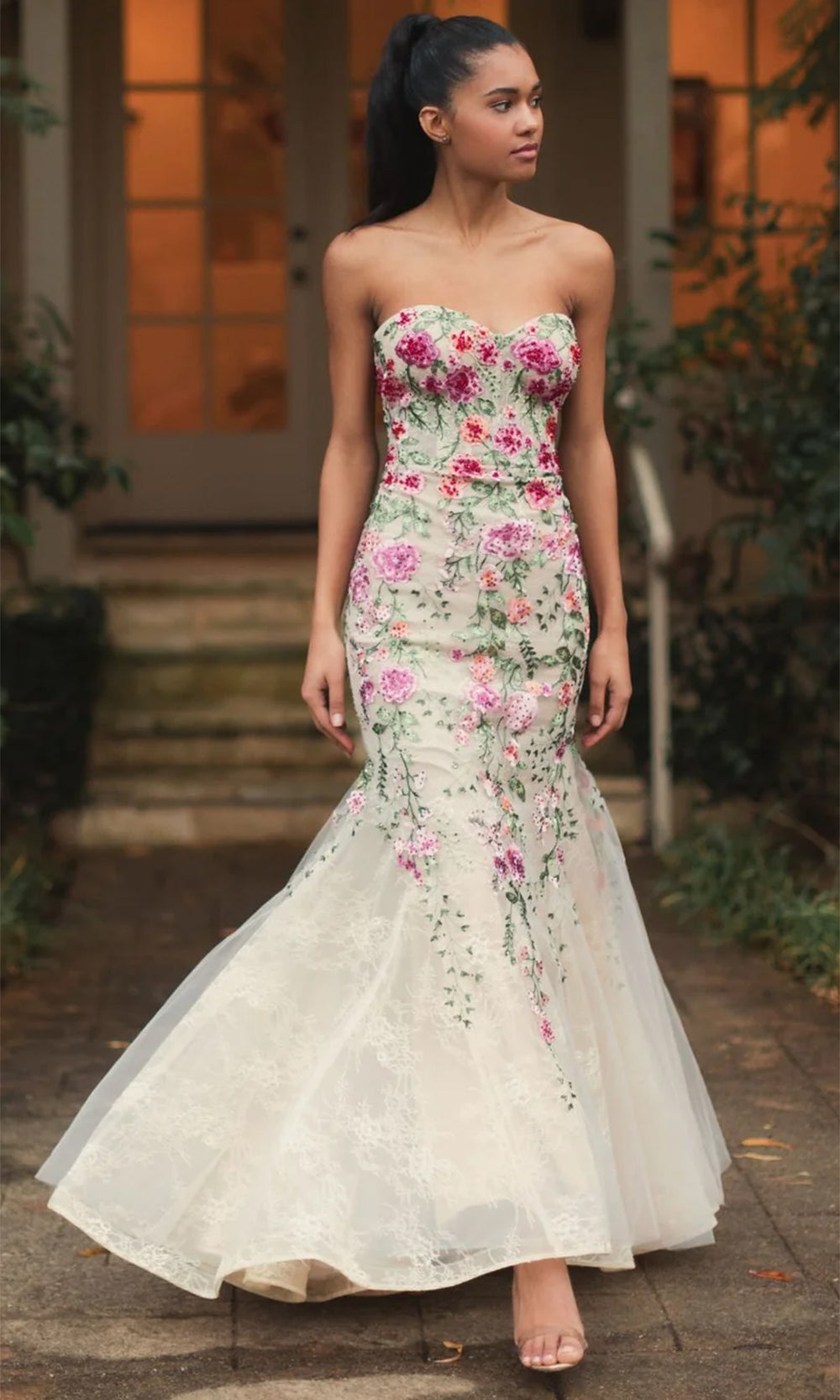 Strapless Bustier Floral Embroidered Mermaid Gown | Mac Duggal Pink Multi / US 12 Strapless Bustier Floral Embroidered Mermaid Gown | Mac Duggal Pink Multi / US 12