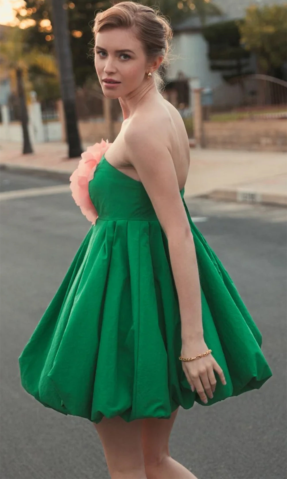 Mac Duggal - Green Strapless Faille Mini Dress with 3D Flower - Spring Green / US 4 Mac Duggal - Green Strapless Faille Mini Dress with 3D Flower - Spring Green / US 4
