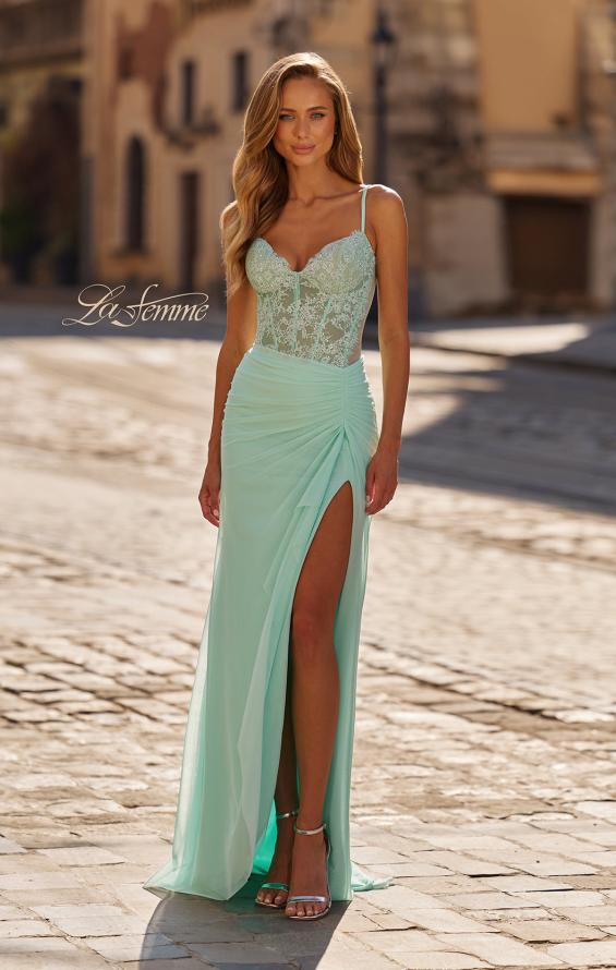 La Femme 33661 - Ruched Skirt Spaghetti Strap Prom Gown Prom Dresses