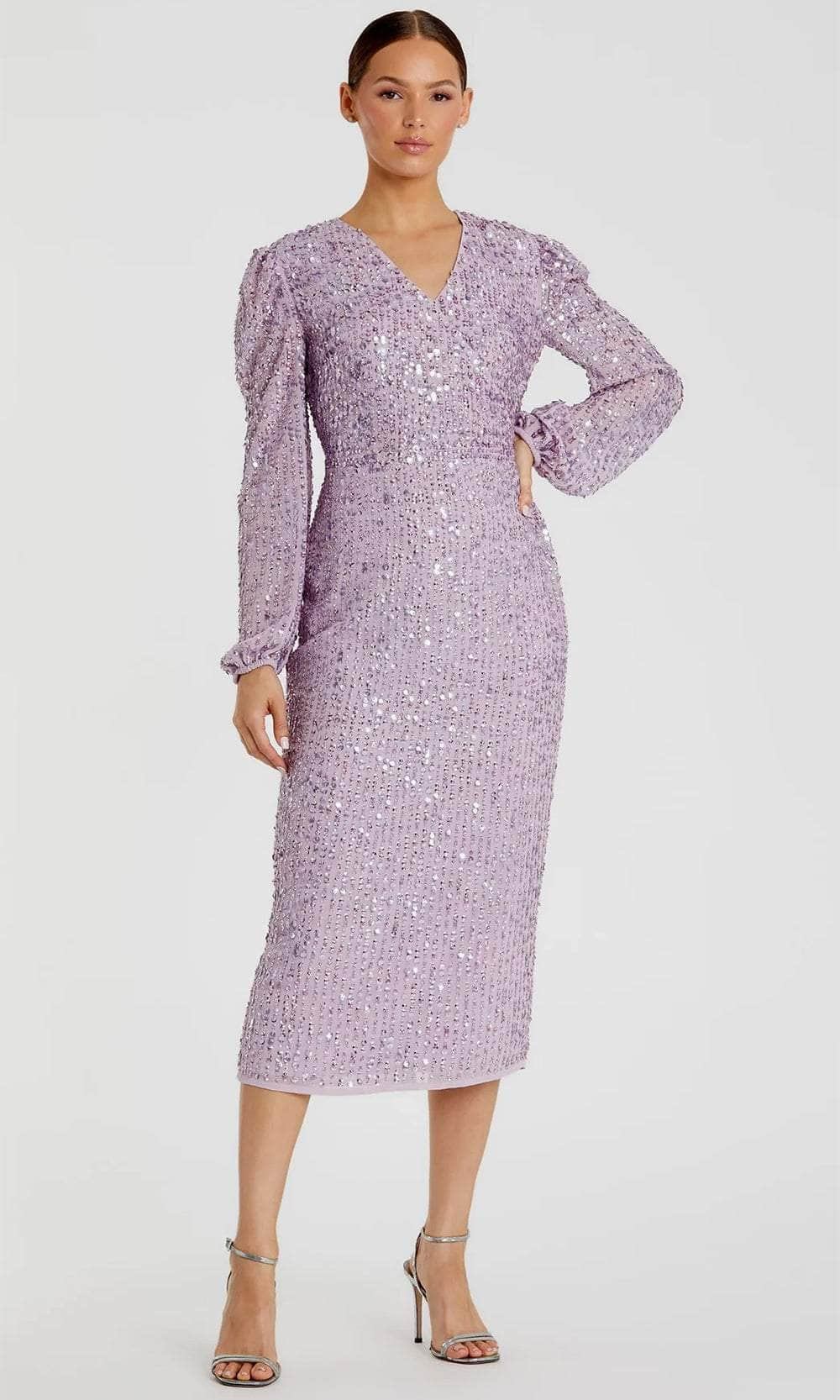 Mac Duggal 107641 - Linear Sequin Long Sleeve Evening Dress Wedding Guest 2 / Lavender