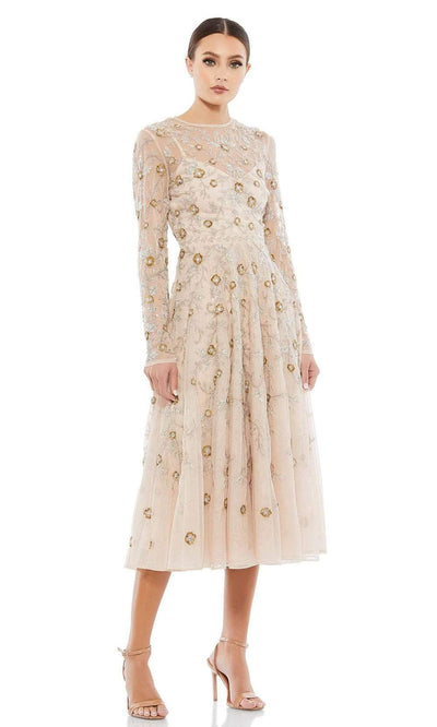 Mac Duggal - 10799 Long Sleeves Embellished Dress Cocktail Dresses 2 / Nude