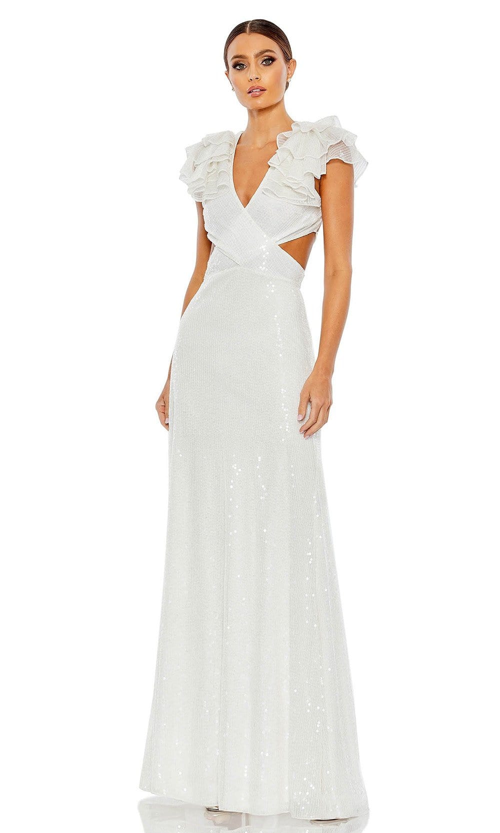 Mac Duggal - 10829 Flutter Sleeve Cutout Sequin Gown Special Occasion Dress 0 / White