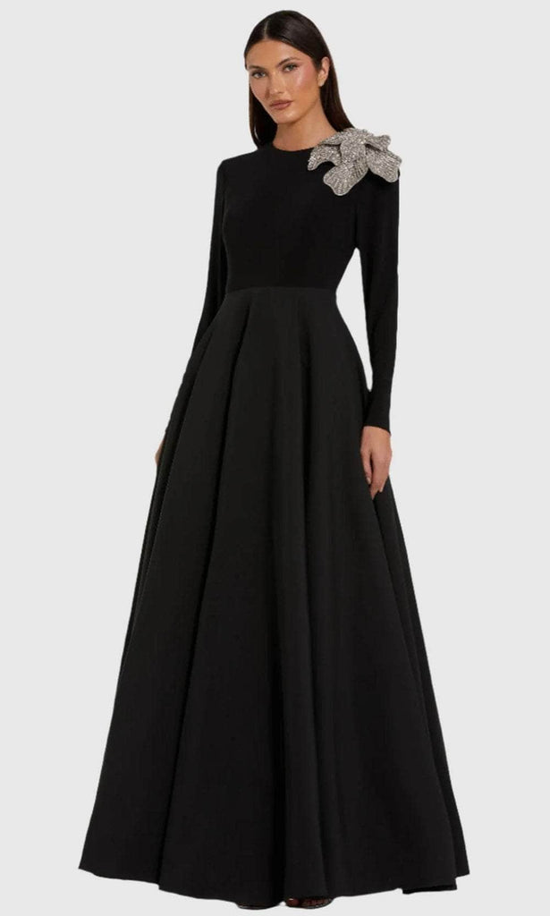Black Long Sleeve Ball Gown with Rhinestone Flower