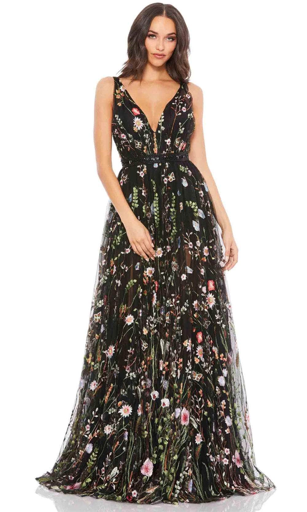 Mac Duggal 12282 - V-Neck Floral Embroidered Prom Gown Evening Dresses 8 / Black Multi