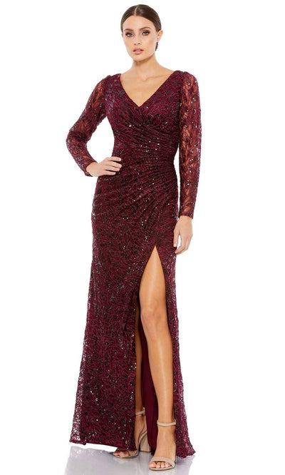 Mac Duggal - 12412 Long Sleeve Sequined Lace High Slit Dress Evening Dresses 0 / Garnet