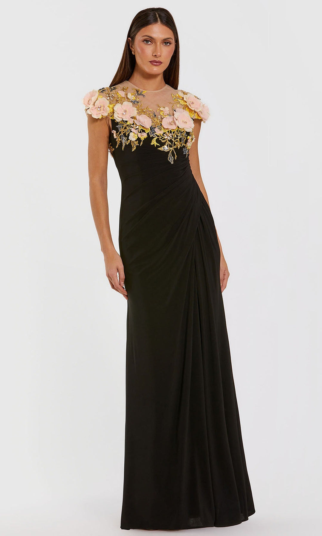 Mac Duggal 13207 - 3D Flower Accent Illusion High Neck Gown