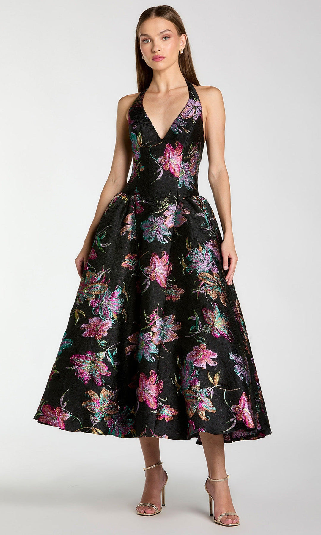 Mac Duggal 13297 - Shimmering Floral Halter Tea-Length Dress