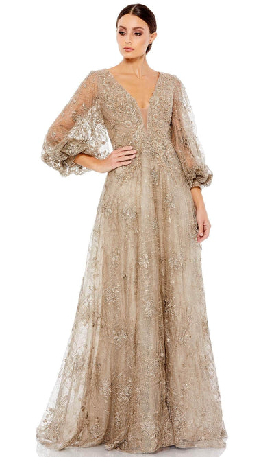 Mac Duggal 20283 - Long Sleeves Plunging V-neck Long Gown Mother of the Bride Dresses 4 / Mocha