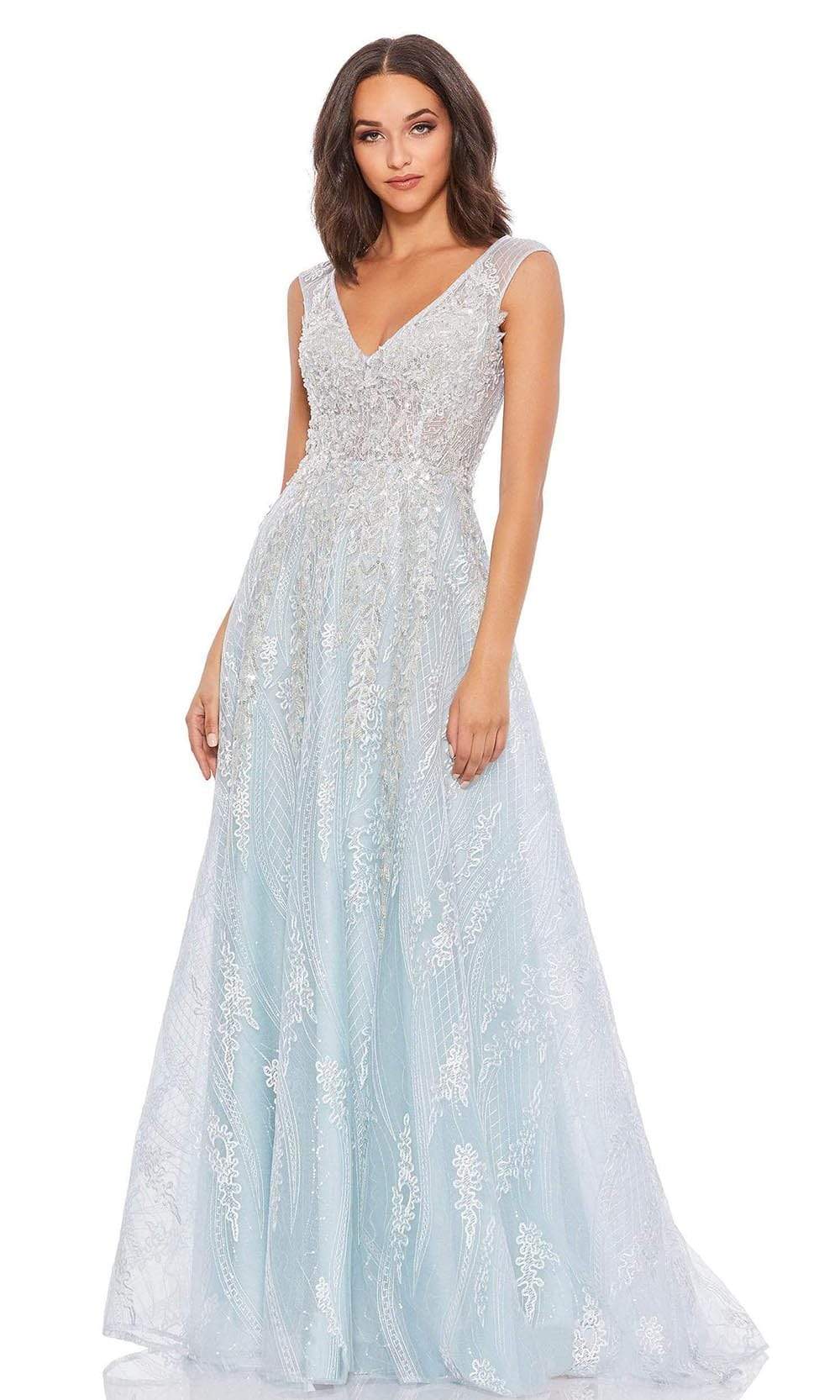 Mac Duggal - 20312 V-Neck Embroidered Gown Evening Dresses 2 / Ice Blue