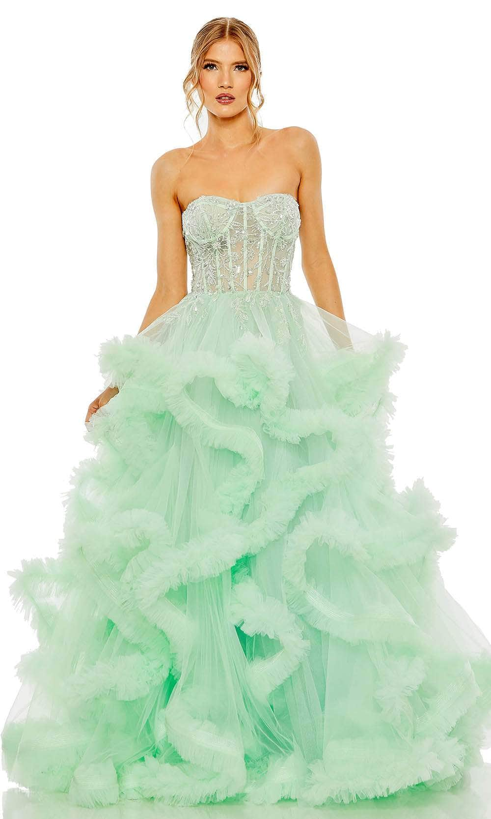 Mac Duggal 20542 - Corset Ruffled Tulle Prom Gown Special Occasion Dress 0 / Aqua