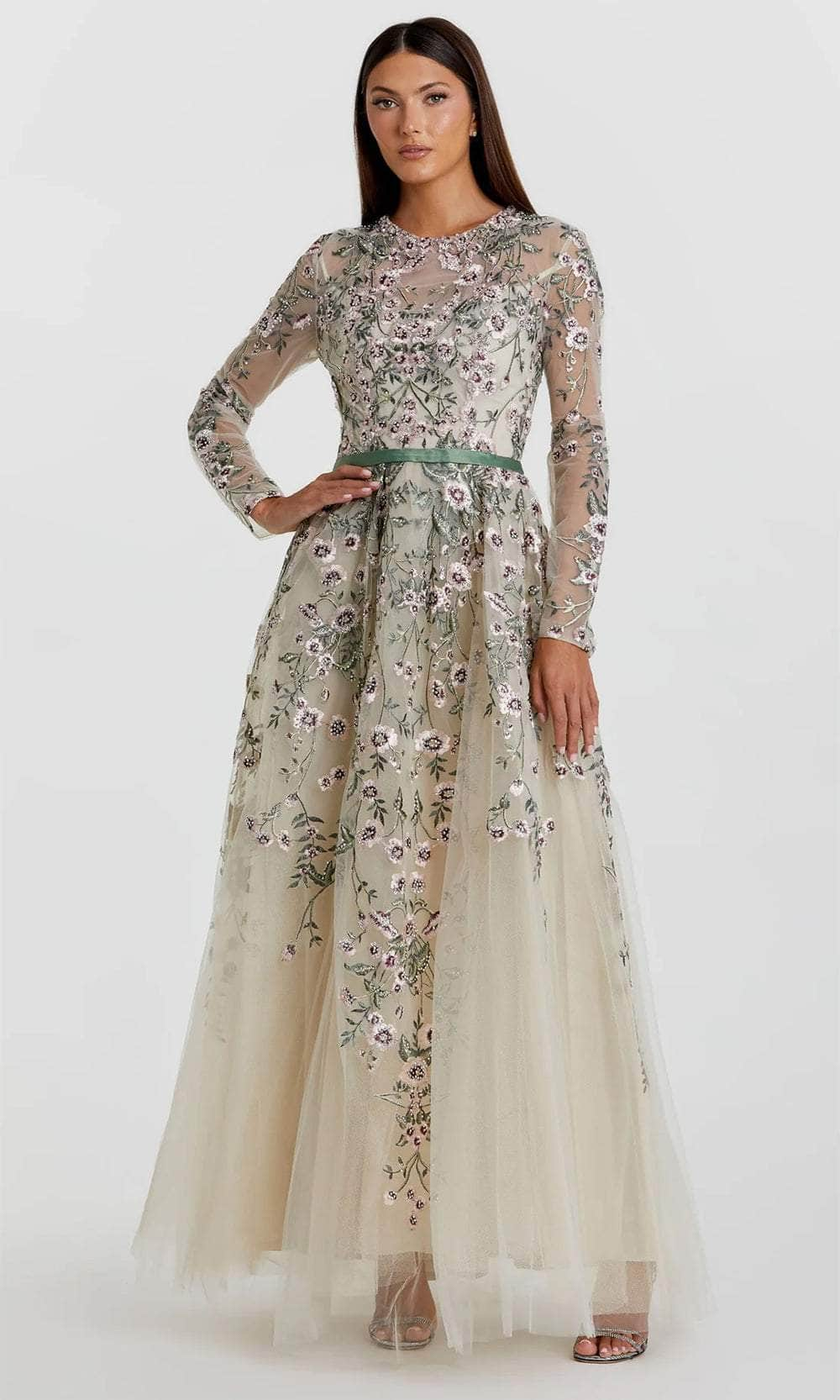 Mac Duggal 20580 - Floral Illusion Long Sleeve Evening Dress Mother Of The Bride Dresses 2 / Sage Multi