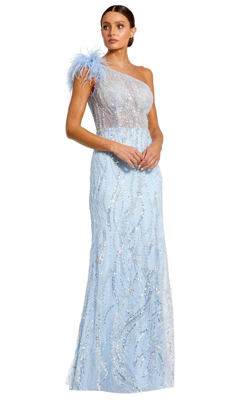 Mac Duggal 20887 - Feather Sleeve Sheath Prom Gown Prom Dresses 2 / Powder Blue
