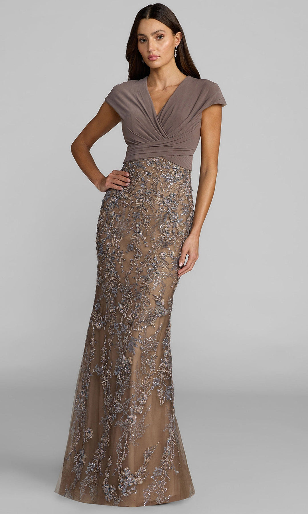 Ieena Duggal 44159 - Long Sleeve Crystal Accent Evening Gown