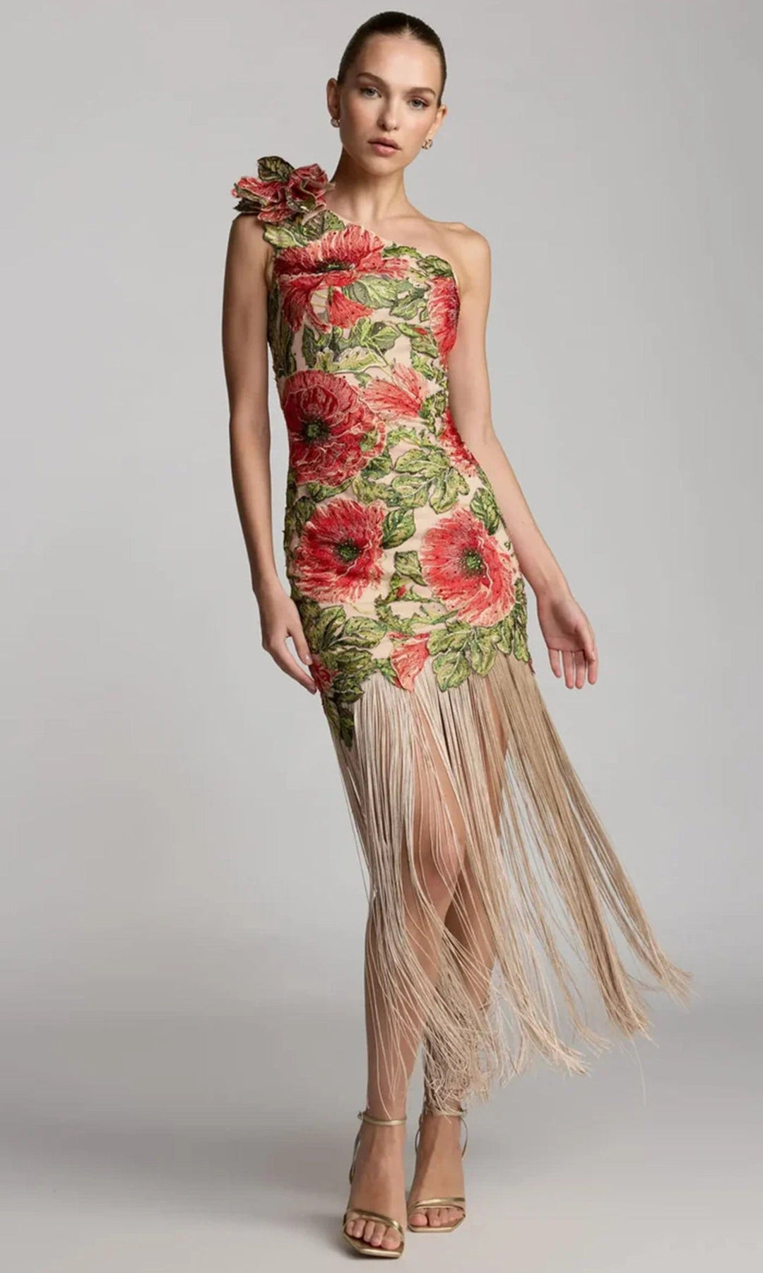 Mac Duggal 21303 - Fringed Skirt Oversized Floral Evening Dress