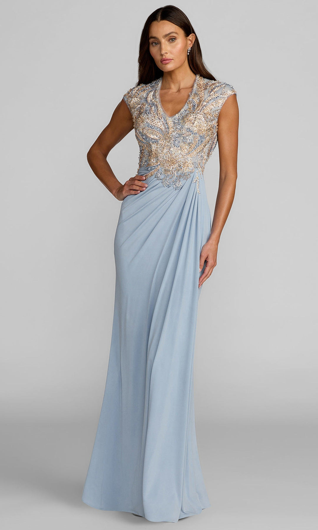 Mac Duggal 21330 - Embroidered Mesh Cap Sleeve Evening Gown