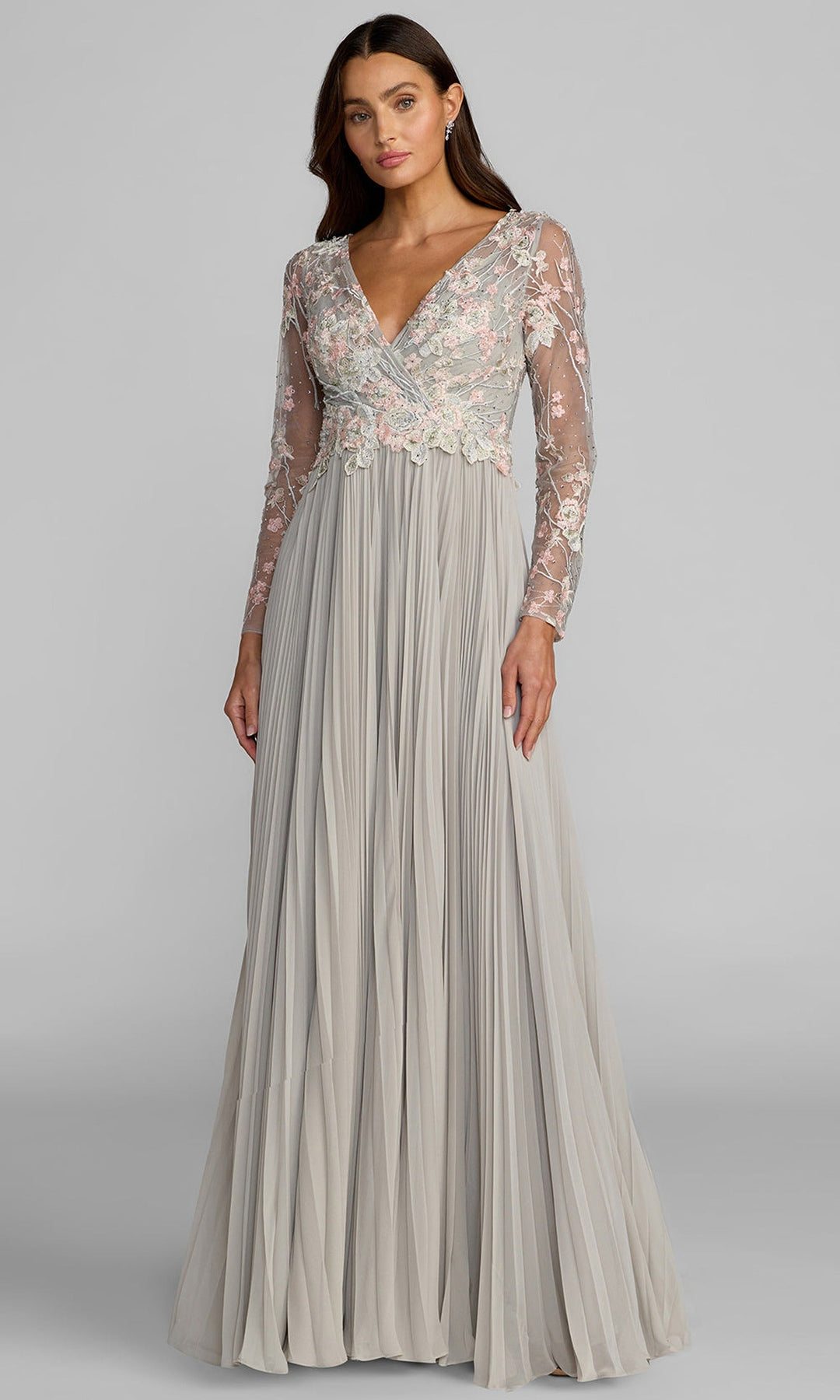 Mac Duggal 21332 - Pleated A-Line Long Sleeve Evening Gown