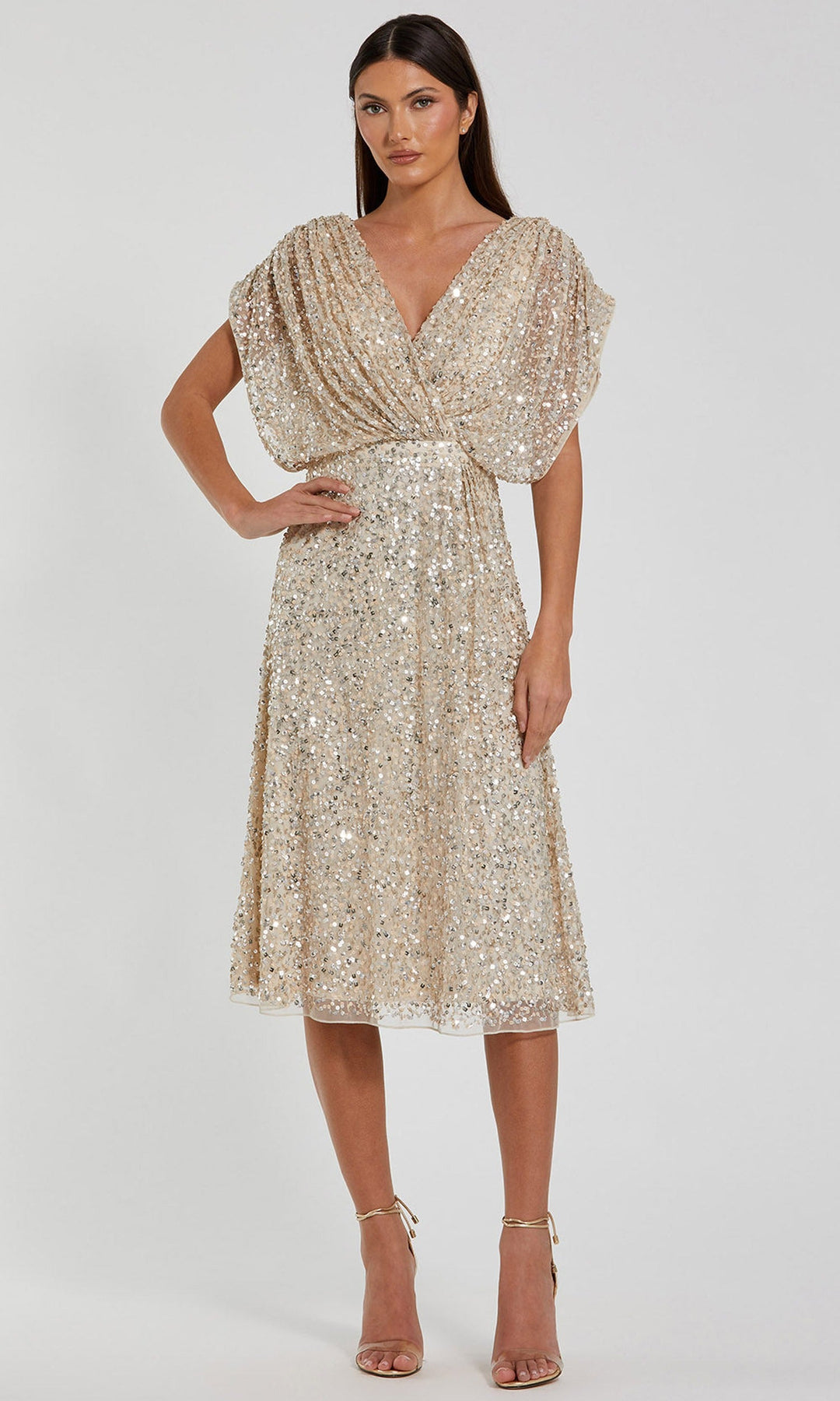 Mac Duggal 23027 - Shimmer Draped Sleeve Tea-Length Dress