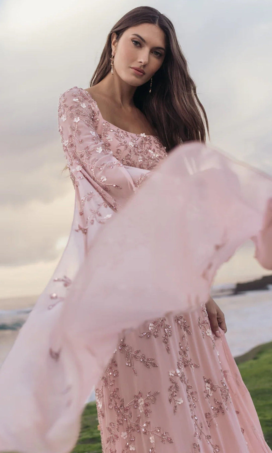 Mac Duggal 23068 - Floral Beaded Cape Sleeve Prom Gown