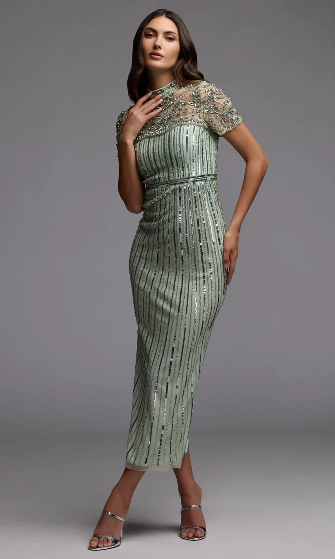 Mac Duggal 23075 - Illusion Yoke Beaded Mesh Midi Dress