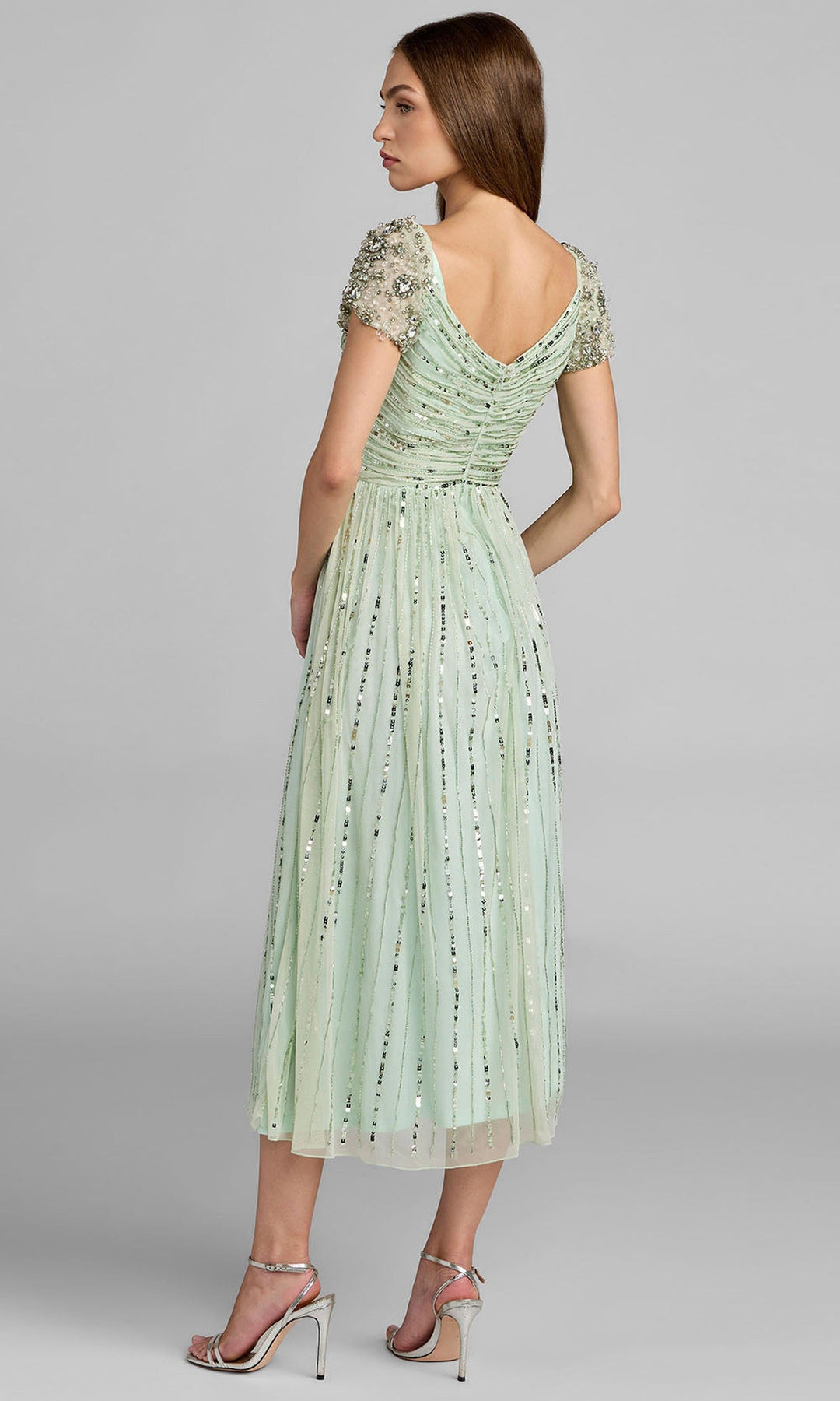 Mac Duggal 23098 - Striped Sequin V-Neckline Midi Dress