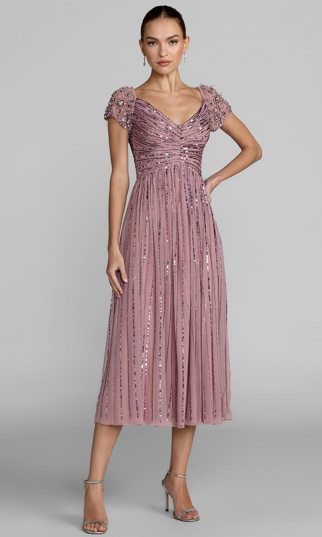Mac Duggal 23098 - Striped Sequin V-Neckline Midi Dress