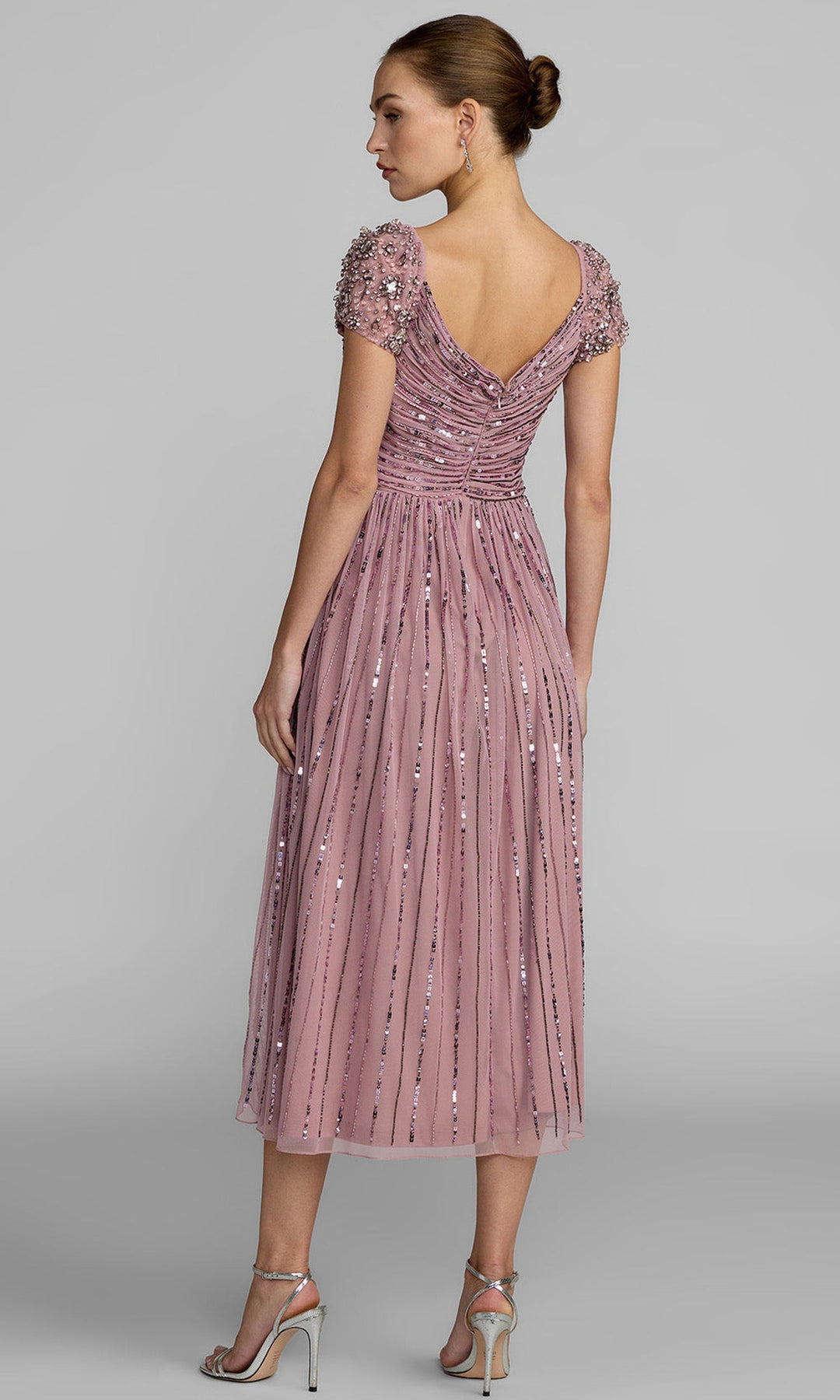 Mac Duggal 23098 - Striped Sequin V-Neckline Midi Dress