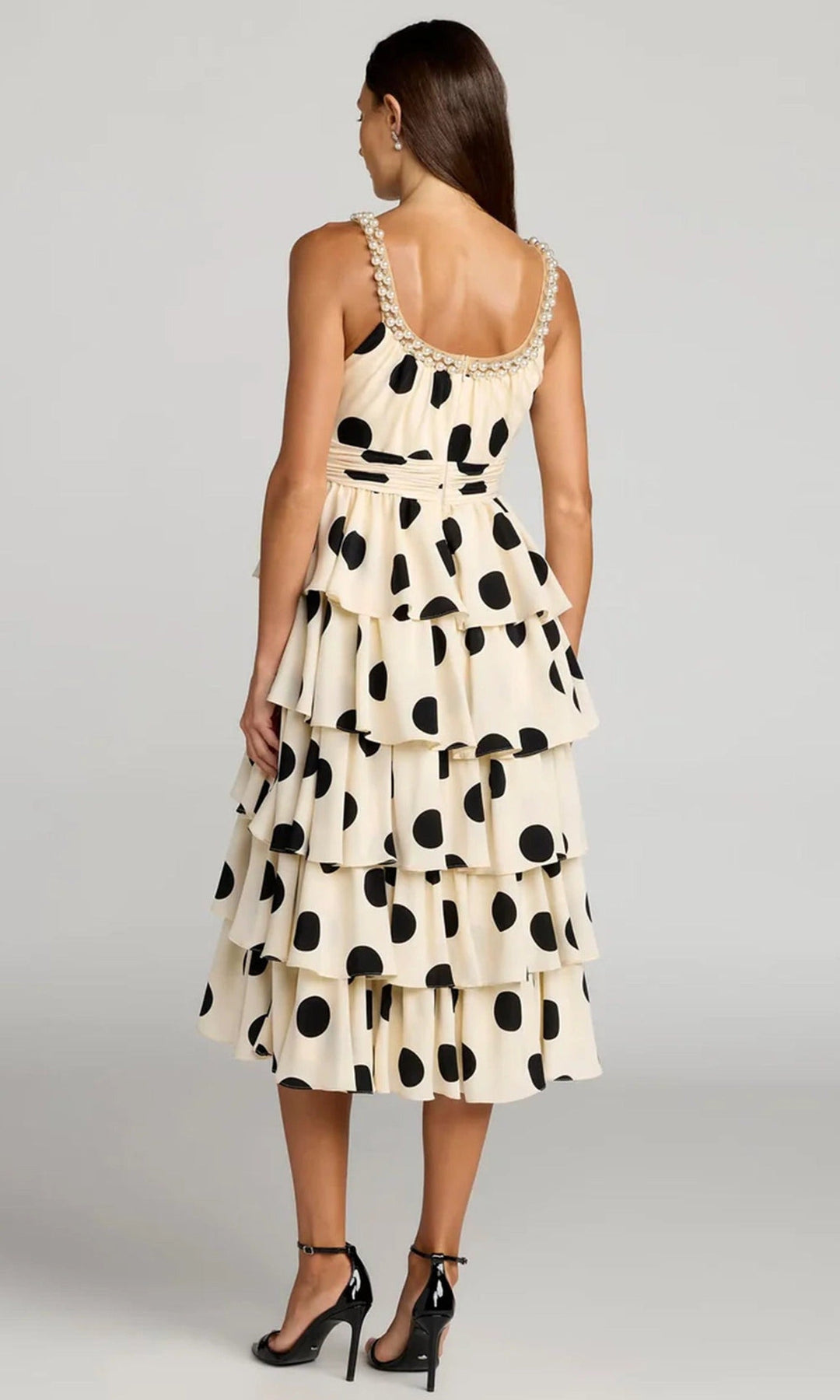 Mac Duggal 27736 - Pearl Trim Neckline Polka Dot Midi Dress