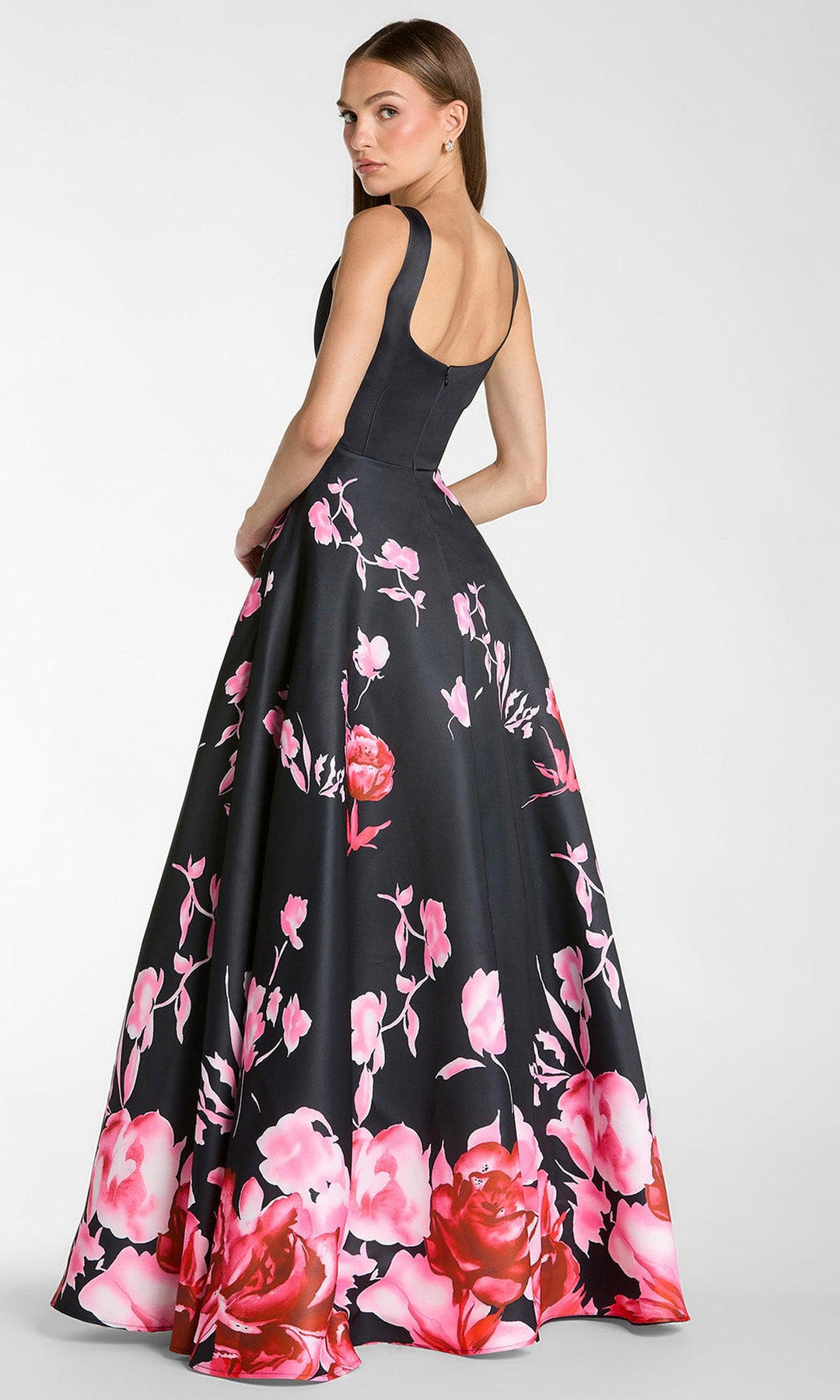 Mac Duggal 37149 - Square Neck Satin Prom Gown with Floral Print
