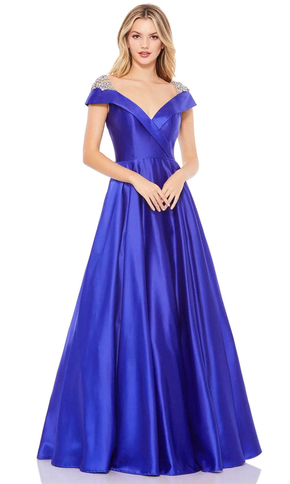 Mac Duggal 49239 - Satin V Neck A-Line Gown Prom Dresses 2 / Cobalt