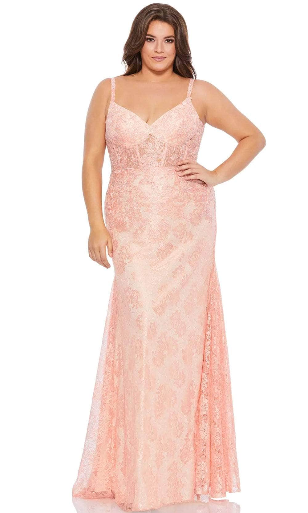 Mac Duggal 49325 - Lace-Crafted Corset Sheath Gown Evening Dresses 14W / Coral