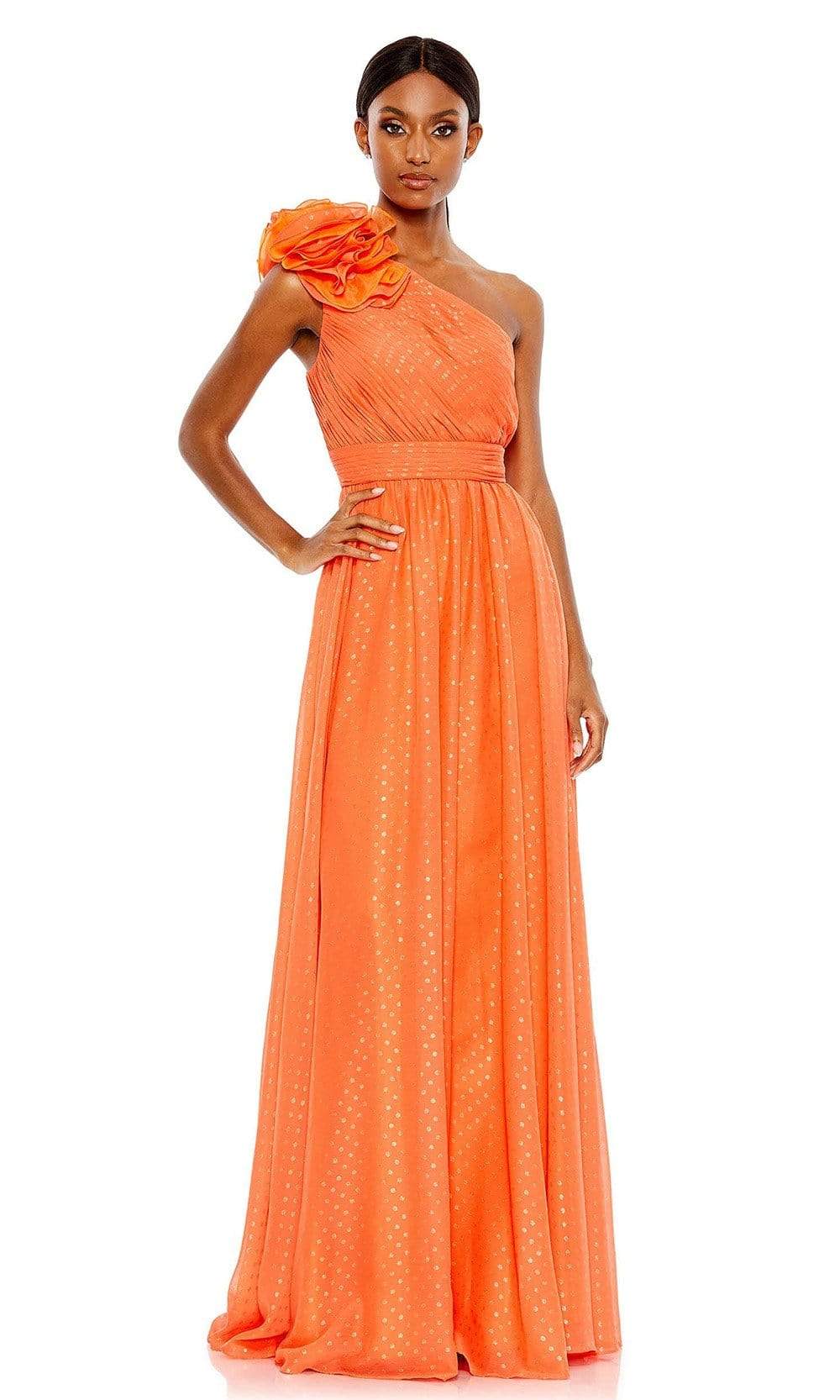 Mac Duggal - 49536 Floral Applique One Shoulder Gown Special Occasion Dress 0 / Tangerine