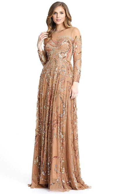 Mac Duggal - 5217 Illusion Neckline And Sleeve Embellished A-Line Gown Evening Dresses 0 / Caramel