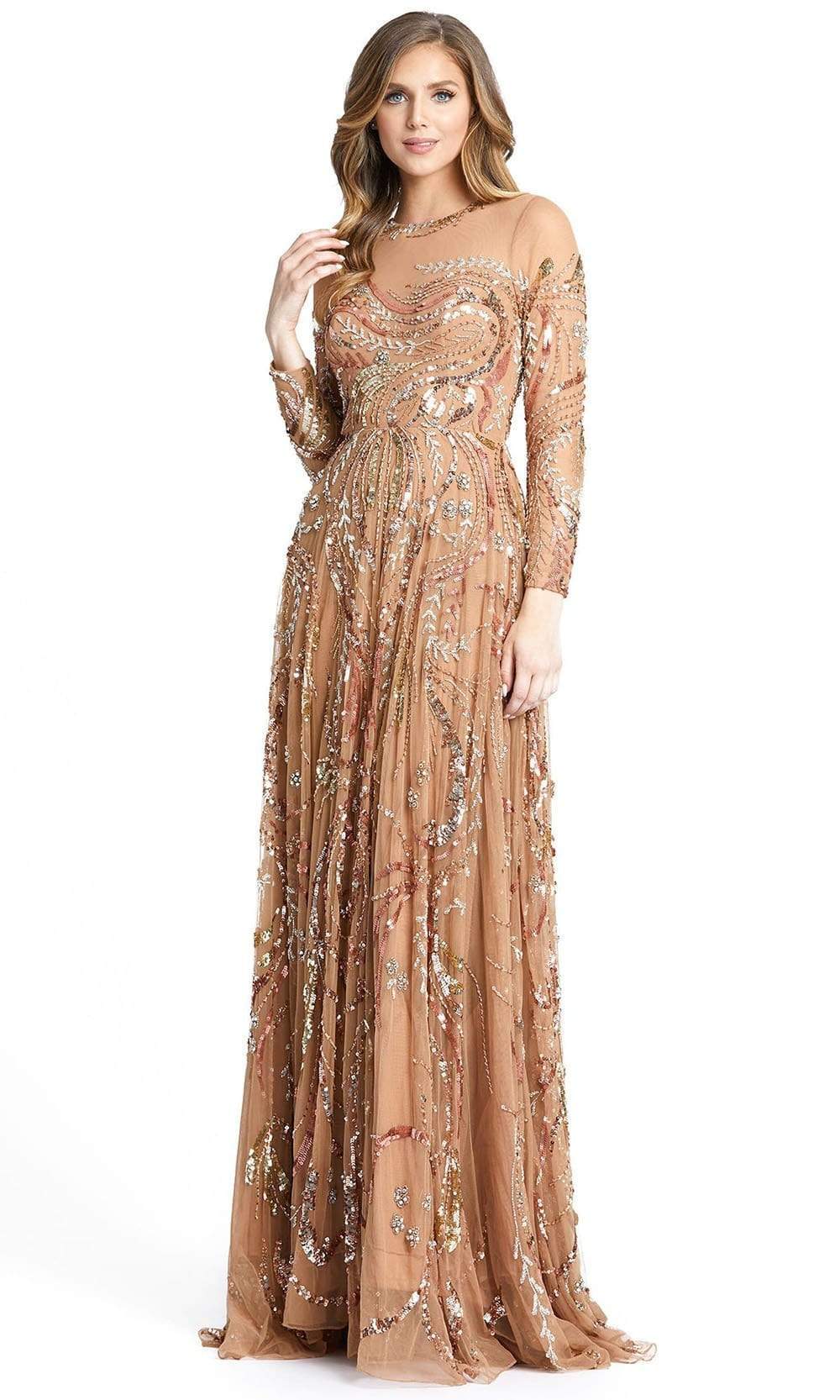 Mac Duggal 5217 - Long A-Line Dress - Sequins And Beaded Appliques, Sheer Neckline And Sleeves, Sweetheart Lined Bodice, Back Zipper, Sweep Train ADASA Mac Duggal 5217 - Long A-Line Dress - Sequins And Beaded Appliques, Sheer Neckline And Sleeves, Sweetheart Lined Bodice, Back Zipper, Sweep Train ADASA