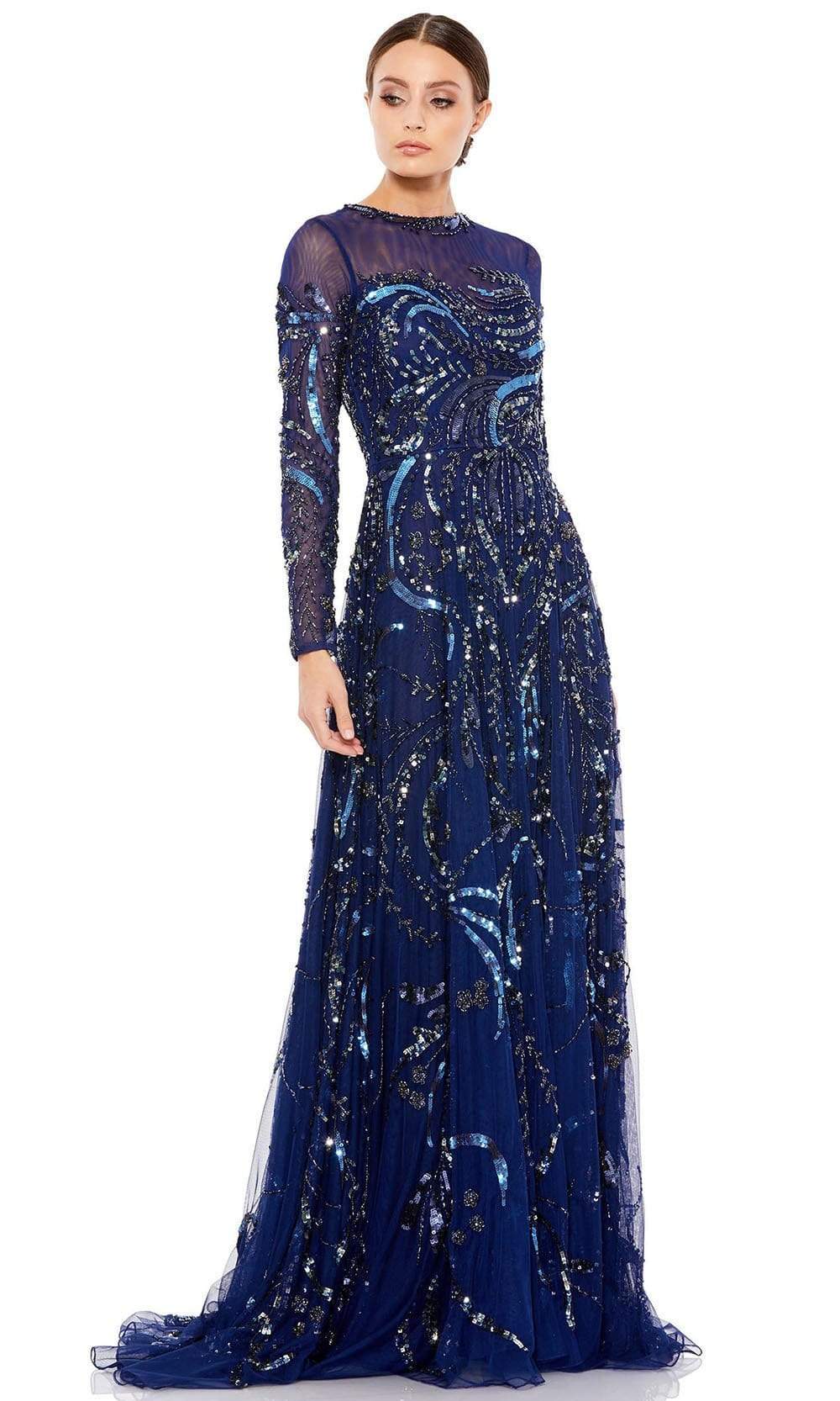 Mac Duggal - 5217 Illusion Neckline And Sleeve Embellished A-Line Gown Evening Dresses 0 / Midnight Blue