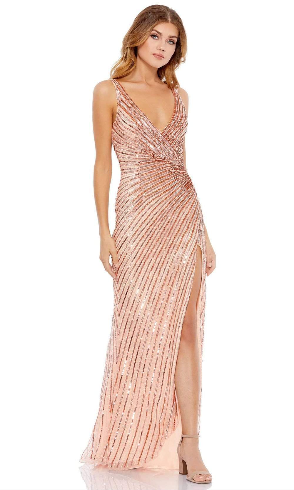 Mac Duggal - 5372 Sequined Plunging V Neck Fitted Dress Evening Dresses 0 / Rose/Gold