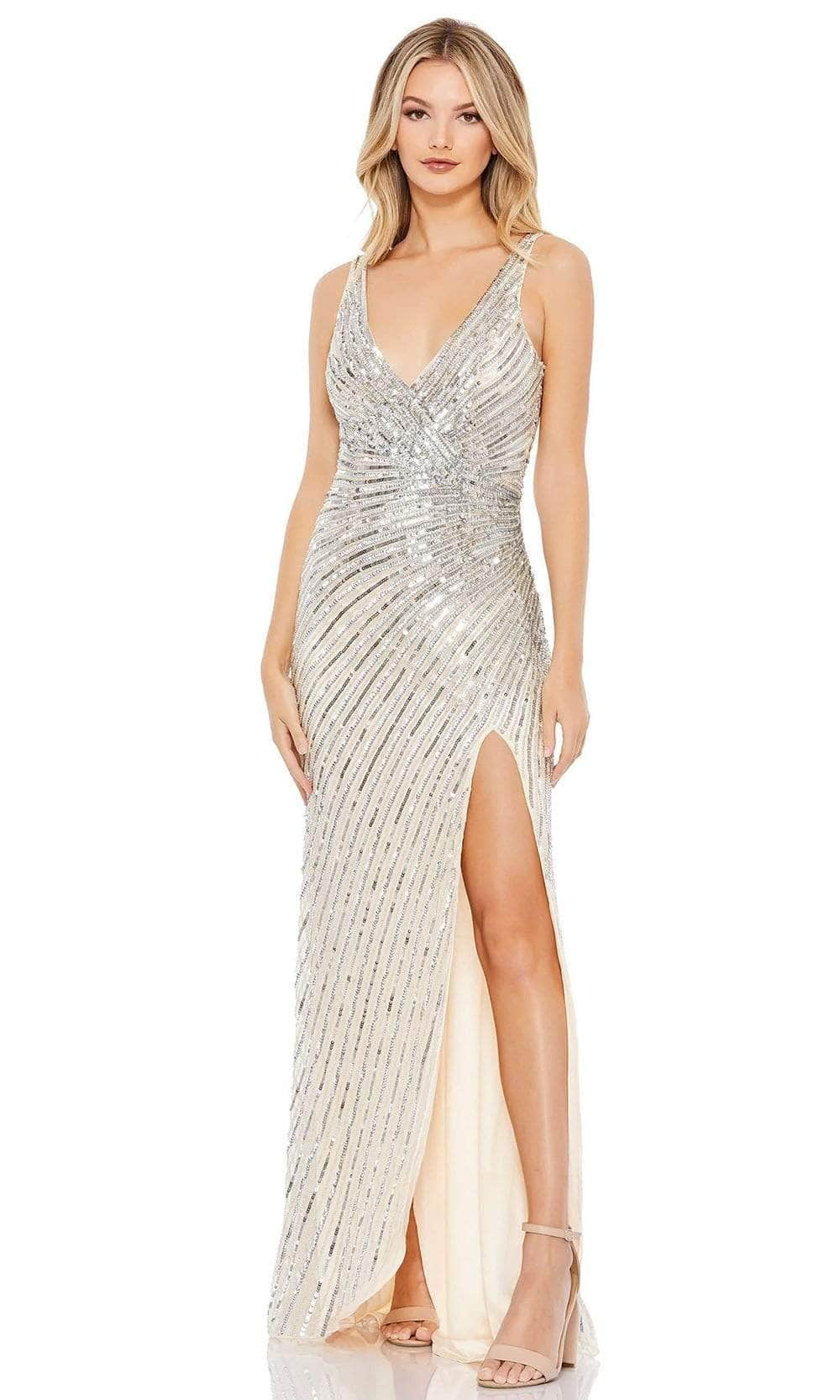 Mac Duggal - 5372 Sequined V Neck Fitted Simple Prom Dress Evening Dresses 0 / Nude/Silver