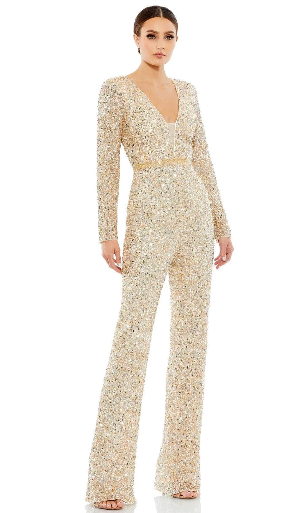 Mac Duggal 5411 - Sequined Allover Long Sleeve Jumpsuit Formal Pantsuits 0 / Nude