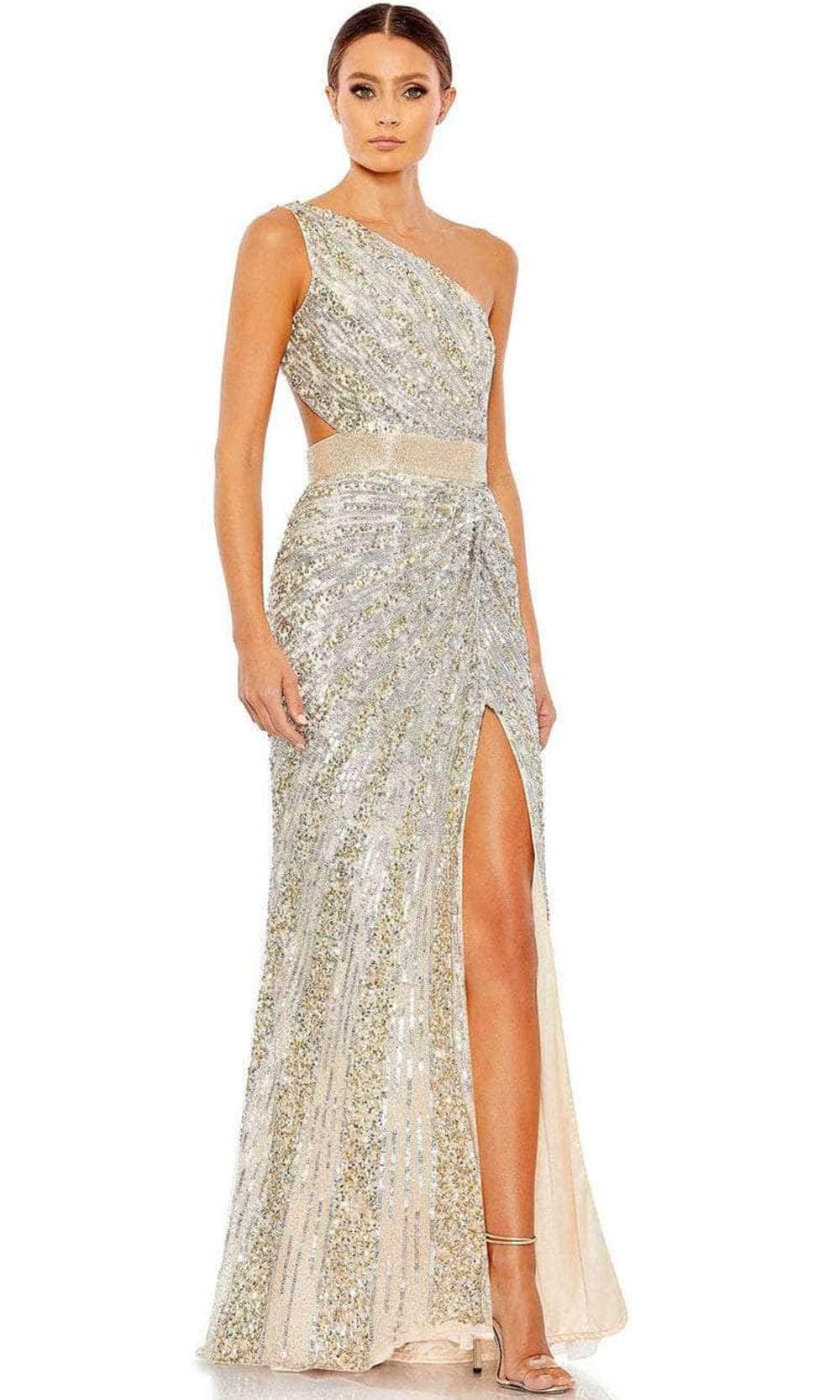 Mac Duggal 5687 - One Sleeve Asymmetrical Long Gown Special Occasion Dress 2 / Nude/Silver