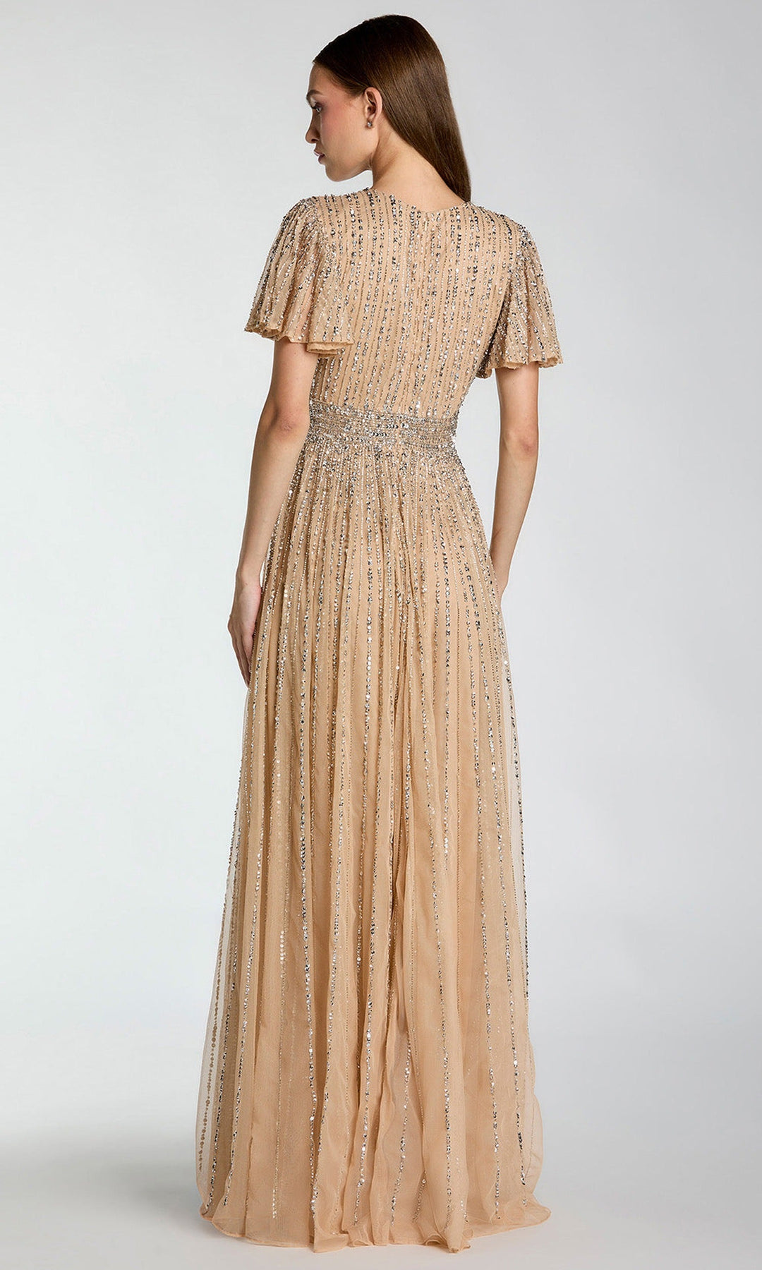 Mac Duggal 5713 - Flutter Sleeve Beaded Mesh Evening Gown