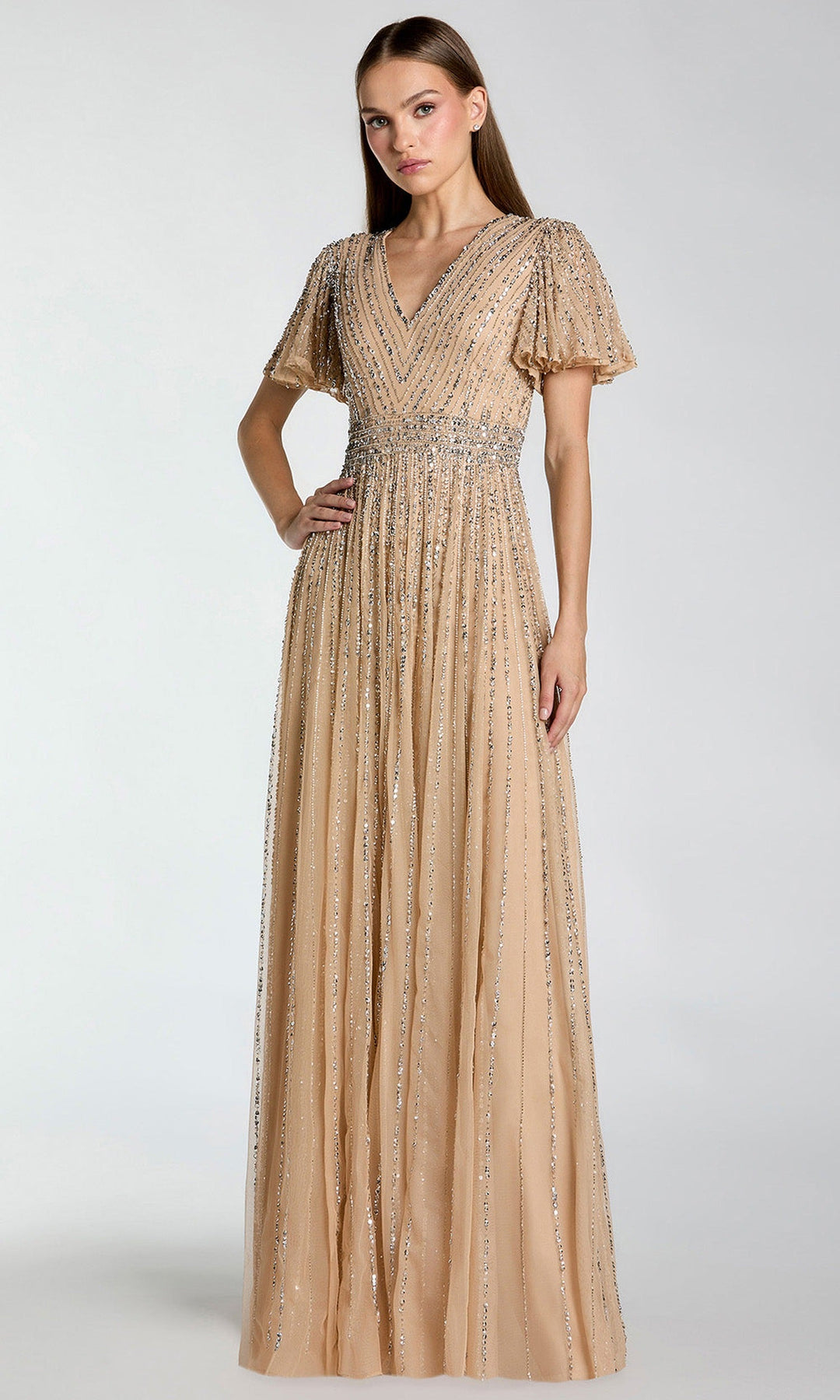 Mac Duggal 5713 - Flutter Sleeve Beaded Mesh Evening Gown