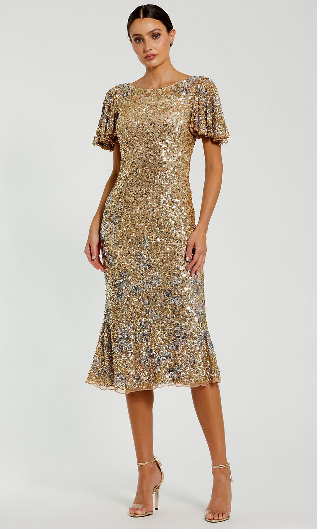 Mac Duggal 6118 - Sequined Flutter Sleeve Tea-Length Dress