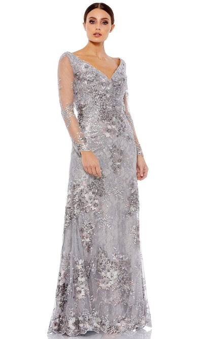 Mac Duggal - 67539 Embroidered Long Sleeve Sheath Gown Evening Dresses 0 / Platinum
