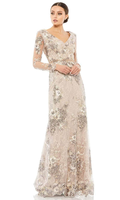 Mac Duggal - 67539 Embroidered Long Sleeve Sheath Gown Evening Dresses 2 / Taupe