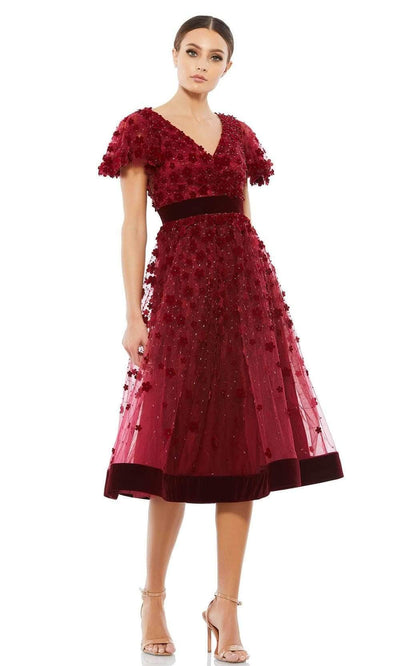 Mac Duggal - 67854 V-Neck Floral Applique Dress Cocktail Dresses 2 / Burgundy