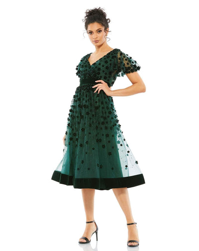 Mac Duggal - 67854 V-Neck Floral Appliqued Dress Cocktail Dresses 2 / Emerald