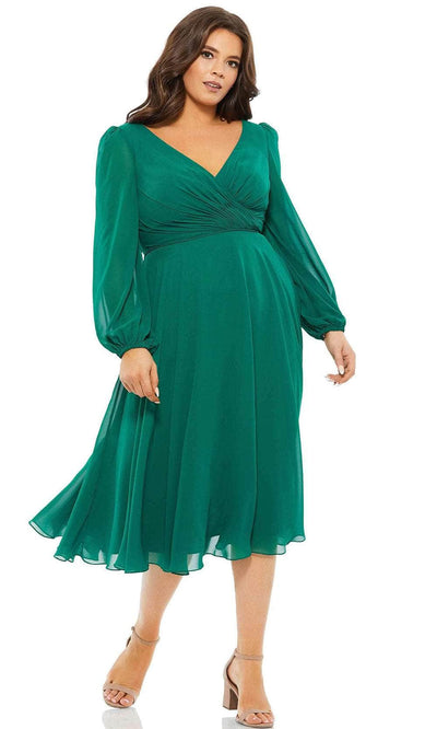 Mac Duggal 67914 - V-Neck Long Sleeved Chiffon Dress Cocktail Dresses 12W / Emerald Green