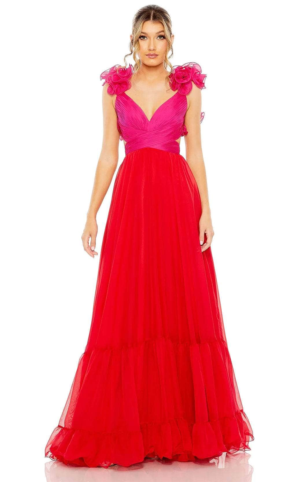 Mac Duggal 68522 - Ruffled Detailed V-Neck Prom Dress Prom Dresses 0 / Red Pink