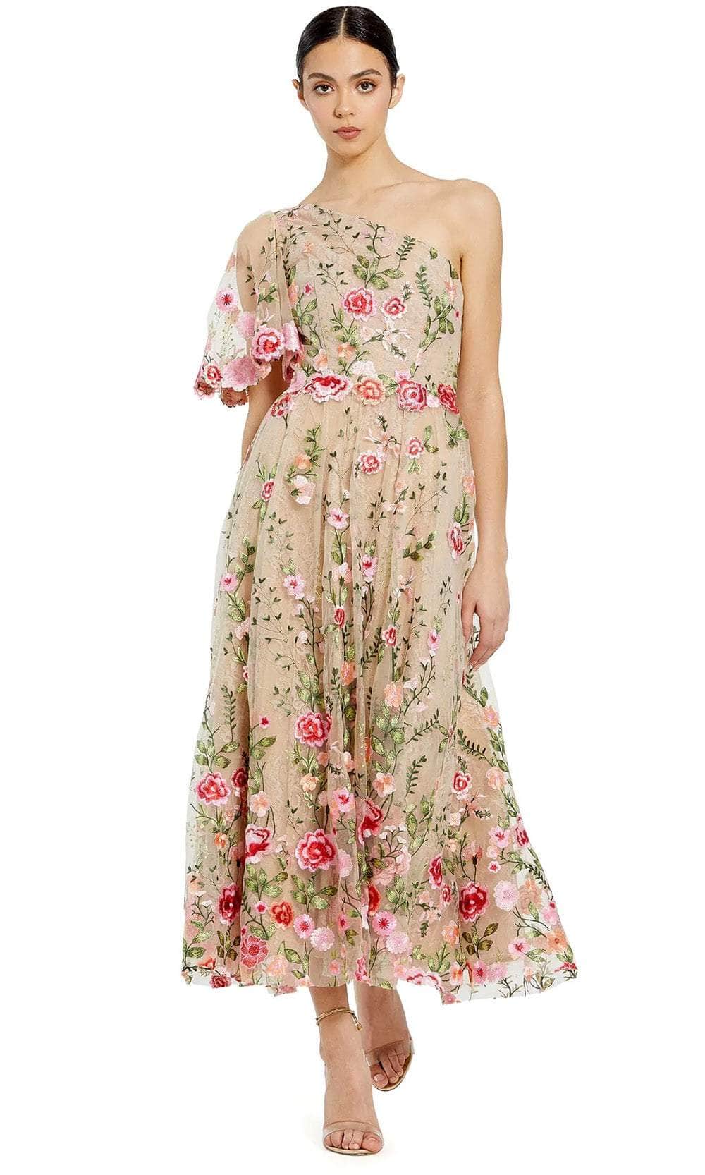 mac duggal pink embroidered flutter sleeve a-line dress Mac Duggal Embroidered Floral Appliqu Flutter Sleeve Gown