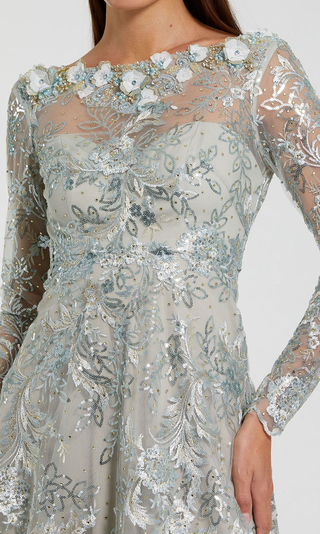 Mac Duggal 68898 - Bateau Embroidered Mesh Midi Evening Dress