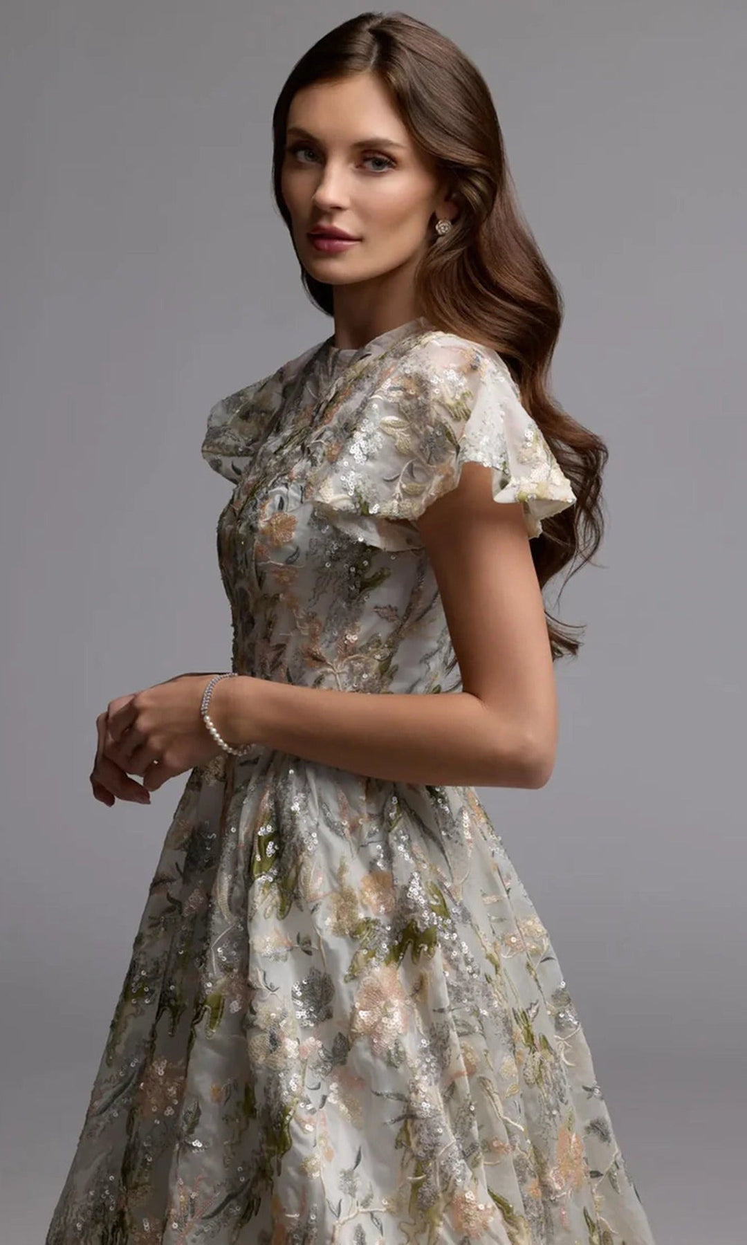 Mac Duggal 69107 - Floral Embroidered Flutter Sleeve Midi Dress